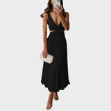 Katarina - Elegantna Haljina sa V-Izrezom i Plisiranim Suknjom